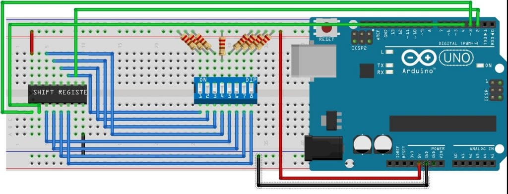 74165 breadboard circuit Arduino UNO PISO shift register GPIO extender